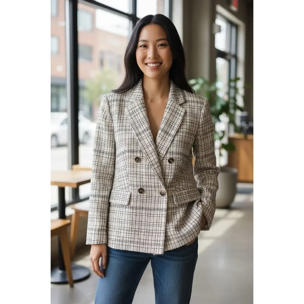 Ann Taylor Tweed Blazer Size 6 Black Cream Career Jacket NWOT Double Breasted